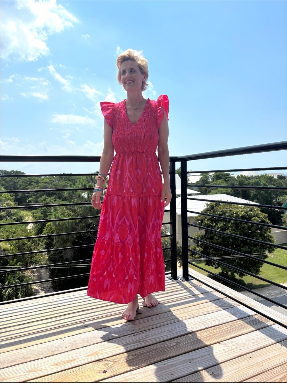 NWT Sugarlips Hot Pink Flutter Sleeve Tiered Maxi Dress